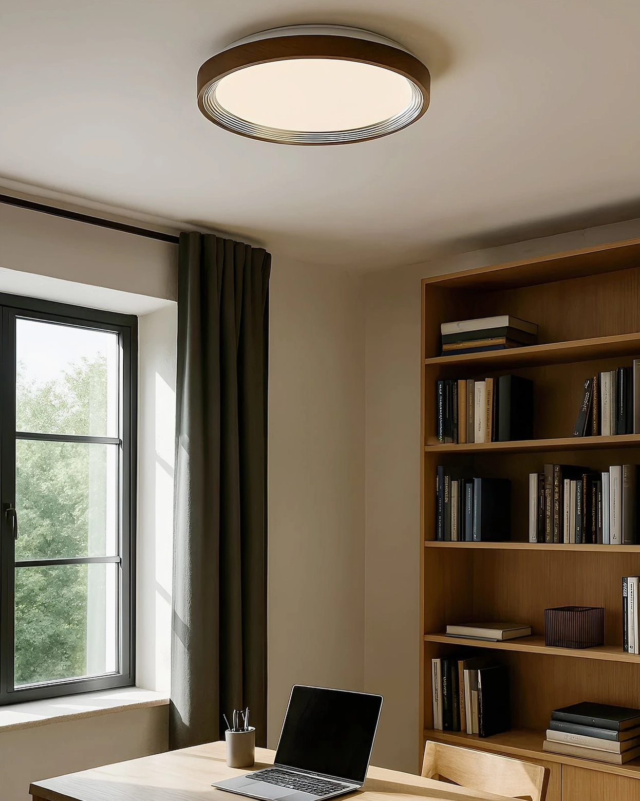 Cerova round LED ceiling light with dark wood grain finish in home office study space