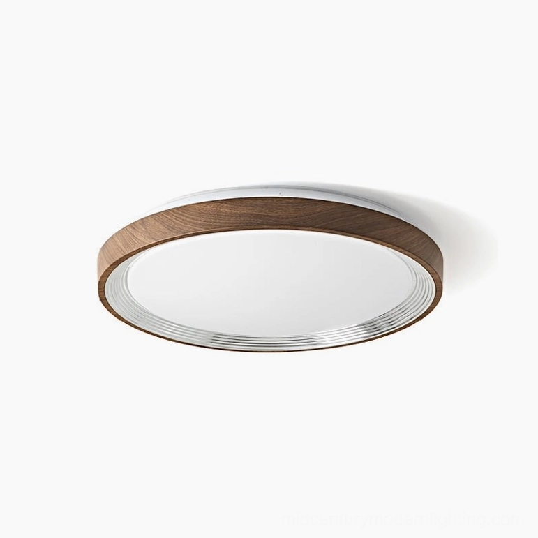Cerova walnut color wood-grain ceiling light with warm metal accents overhead shot