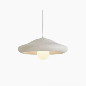 Chalk Japandi pendant light with textured matte white plaster shade and exposed bulb on clean white background