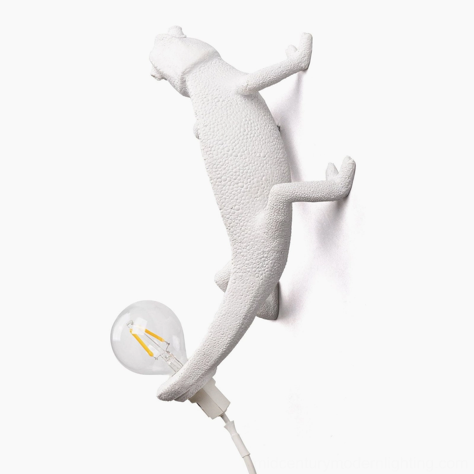 Left-facing chameleon wall light with ascending climbing pose, asymmetrical modern sconce