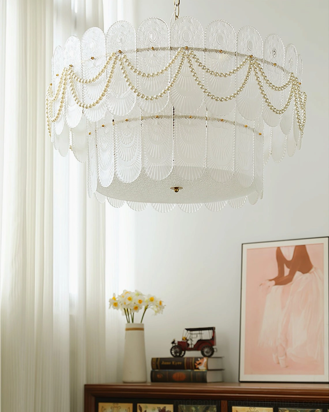 Detailed view of two-tier scalloped glass chandelier showing E14 bulb socket configuration, metal frame construction, and glass shade assembly