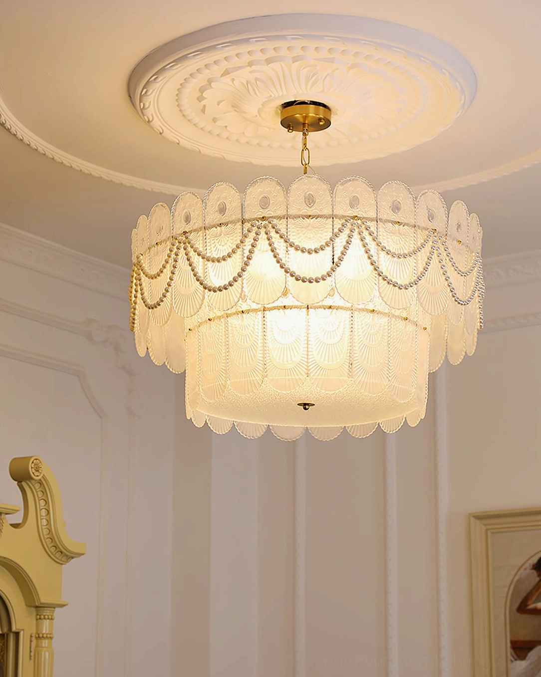 Chandelier hanging chain and ceiling mount hardware with decorative rosette and suspension mechanism, technical installation view