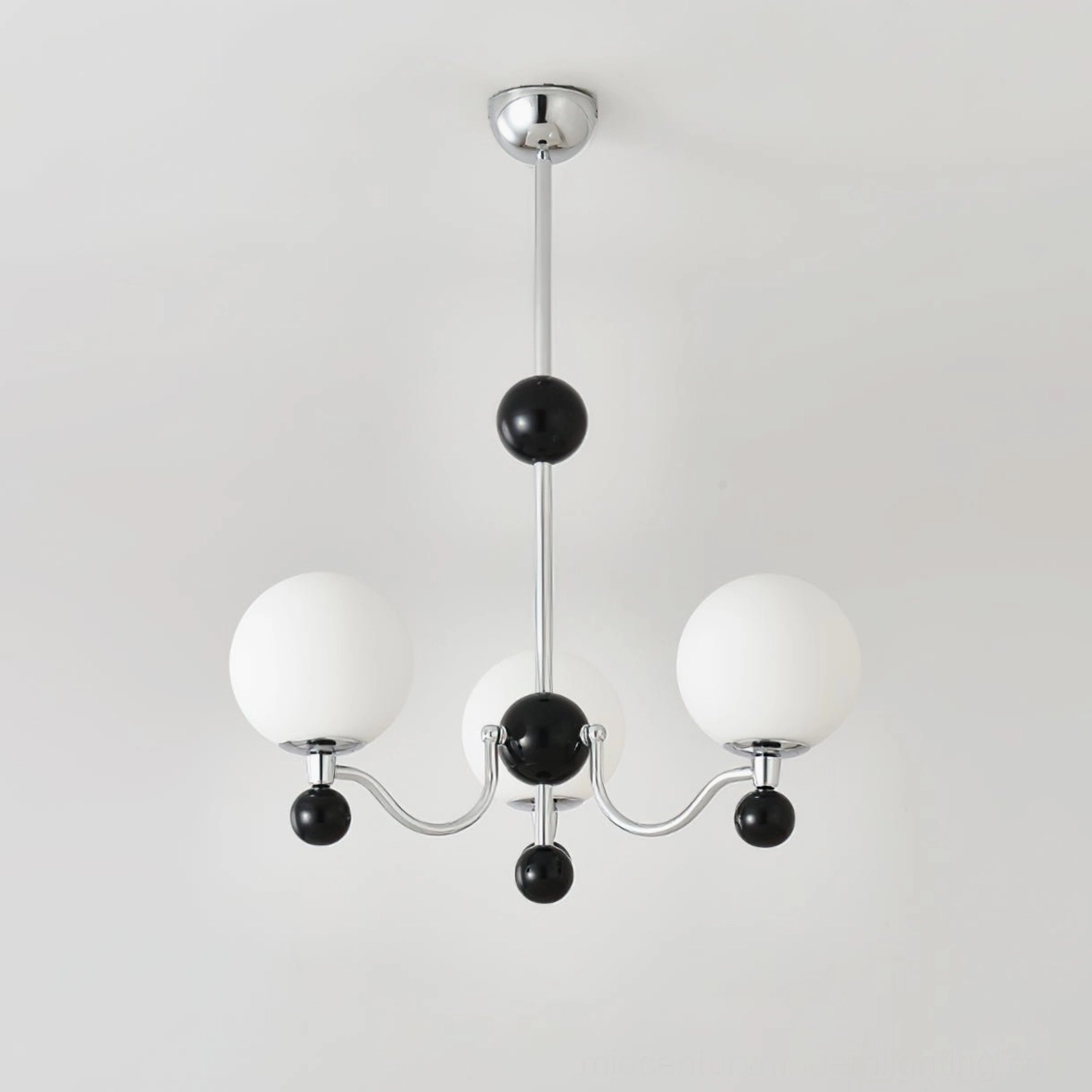Modern spherical chandelier suspended from ceiling showing suspension rod and mounting hardware