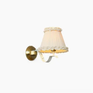 Chantal ruffle wall sconce front view with detailed pleated beige fabric shade and gold brass hardware