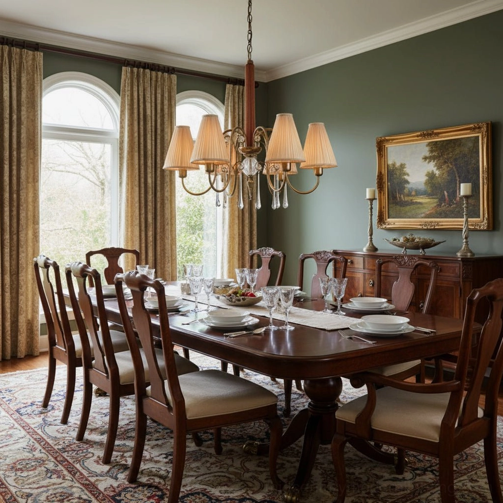 5-arm Chateaux Crystal Chandelier with amber beige fabric shades in traditional dining room with classical architecture