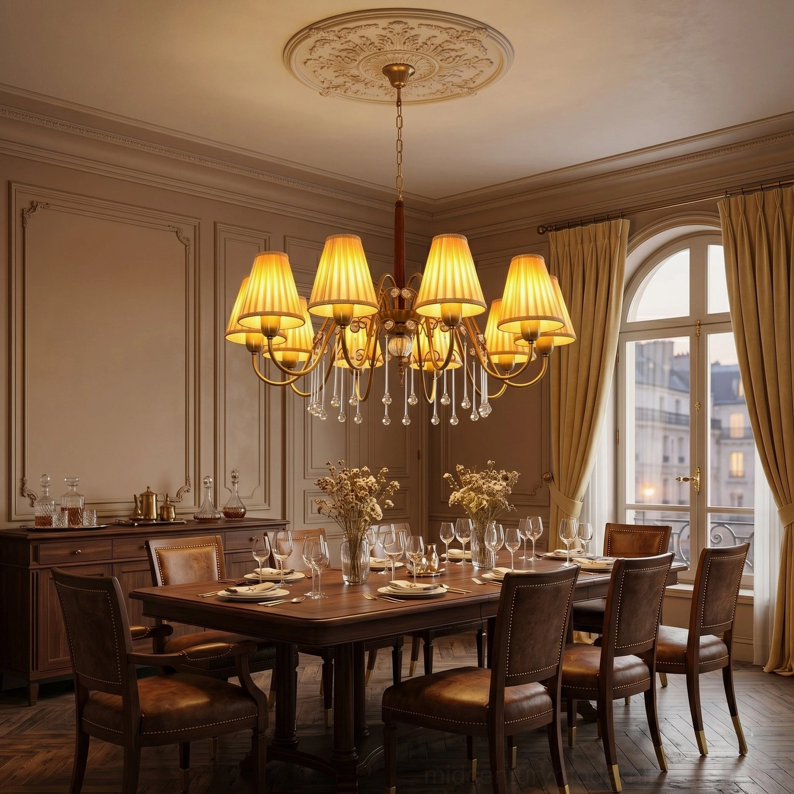 6-arm Chateaux Crystal Chandelier with amber linen shades installed in formal traditional dining room with ornate details