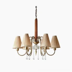 Chateaux Crystal Chandelier 6-light configuration with empire-style pleated beige fabric shades and brass armature, frontal studio view