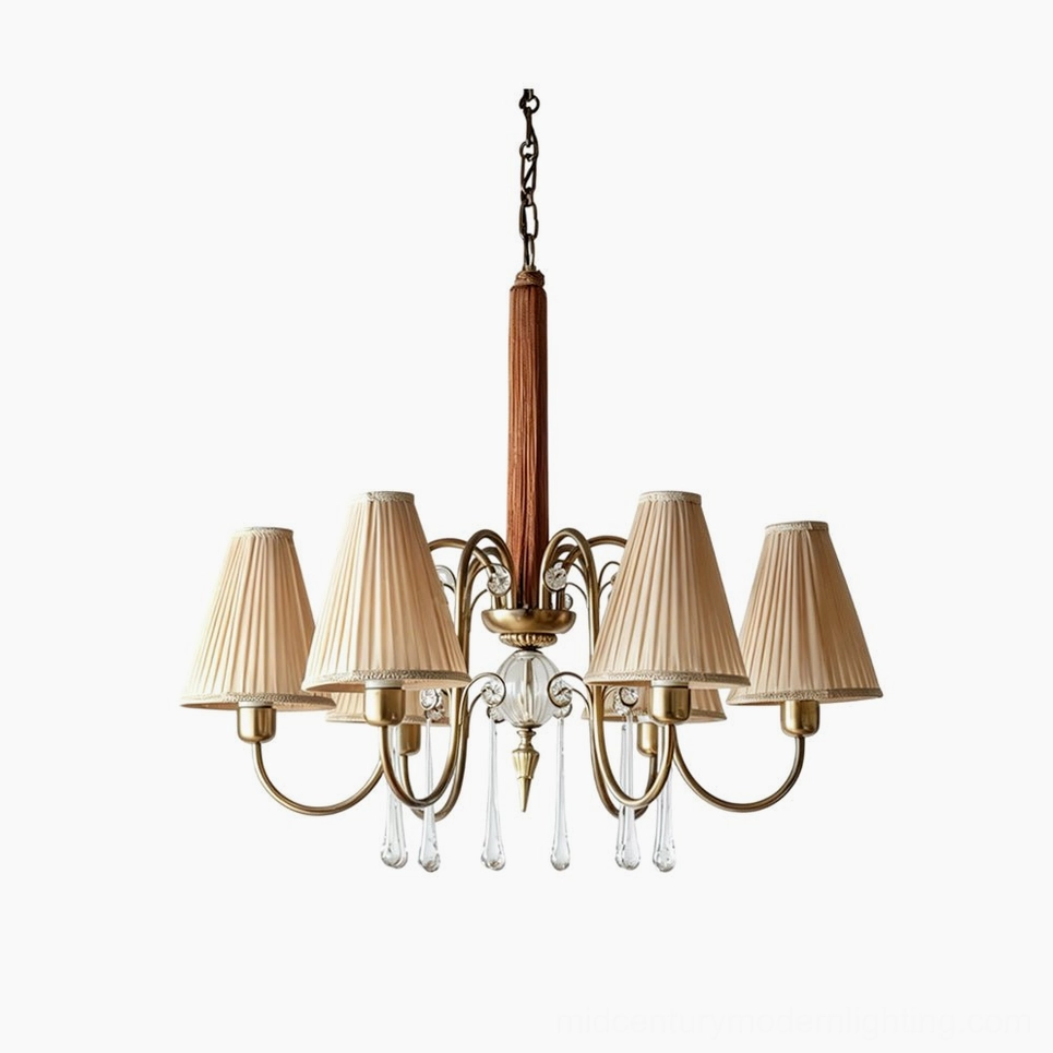 Chateaux Crystal Chandelier 6-light configuration with empire-style pleated beige fabric shades and brass armature, frontal studio view