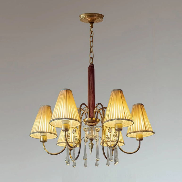 Chateaux Crystal Chandelier 6-light size with warm beige fabric shades and walnut brass frame in elegant dining space