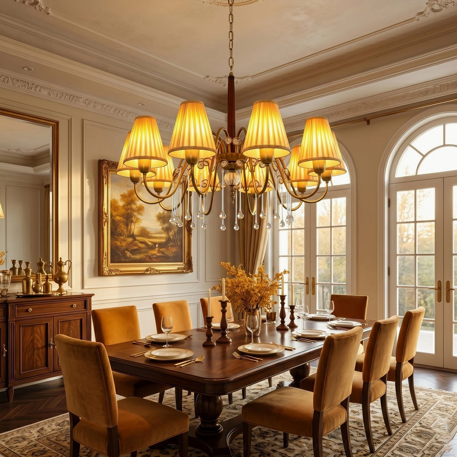 8-light Chateaux Crystal Chandelier with yellow-toned fabric shades in formal dining room with arched windows and luxury furnishings