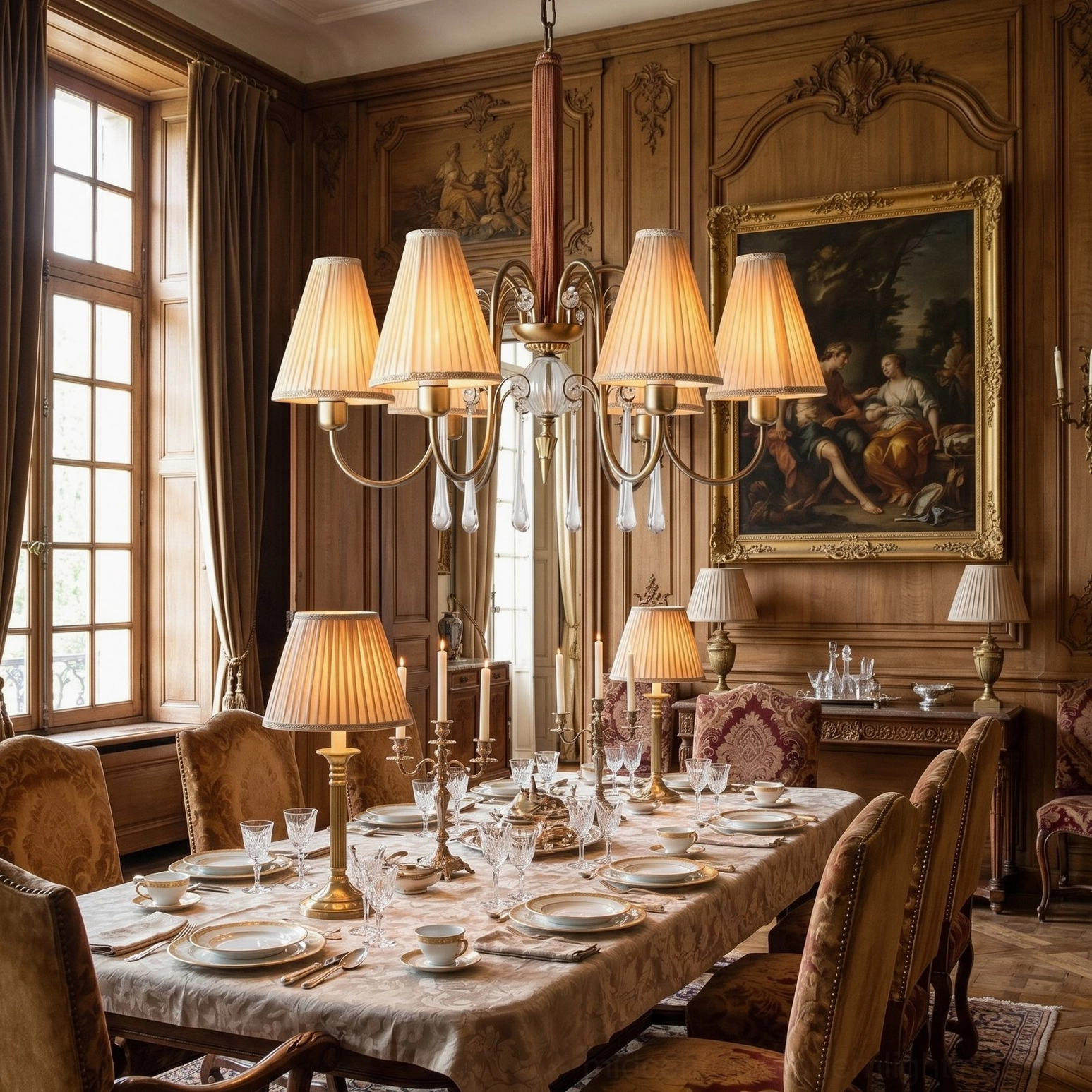 Chateaux Crystal Chandelier with pleated fabric shades in baroque neoclassical wood-paneled dining room with carved details
