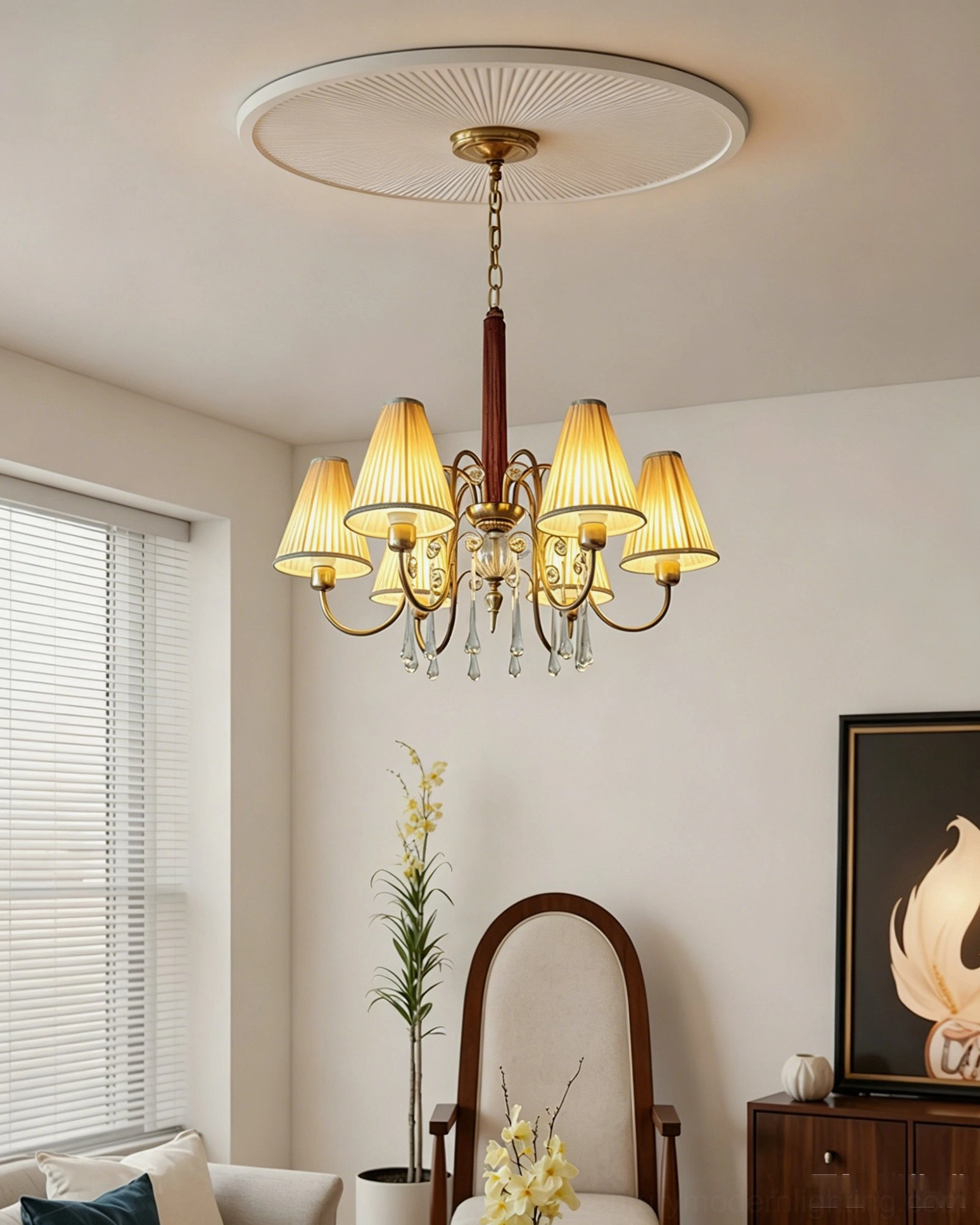 Chateaux Crystal Chandelier walnut and brass candelabra structure with suspended crystal optics and fabric shade attachment points