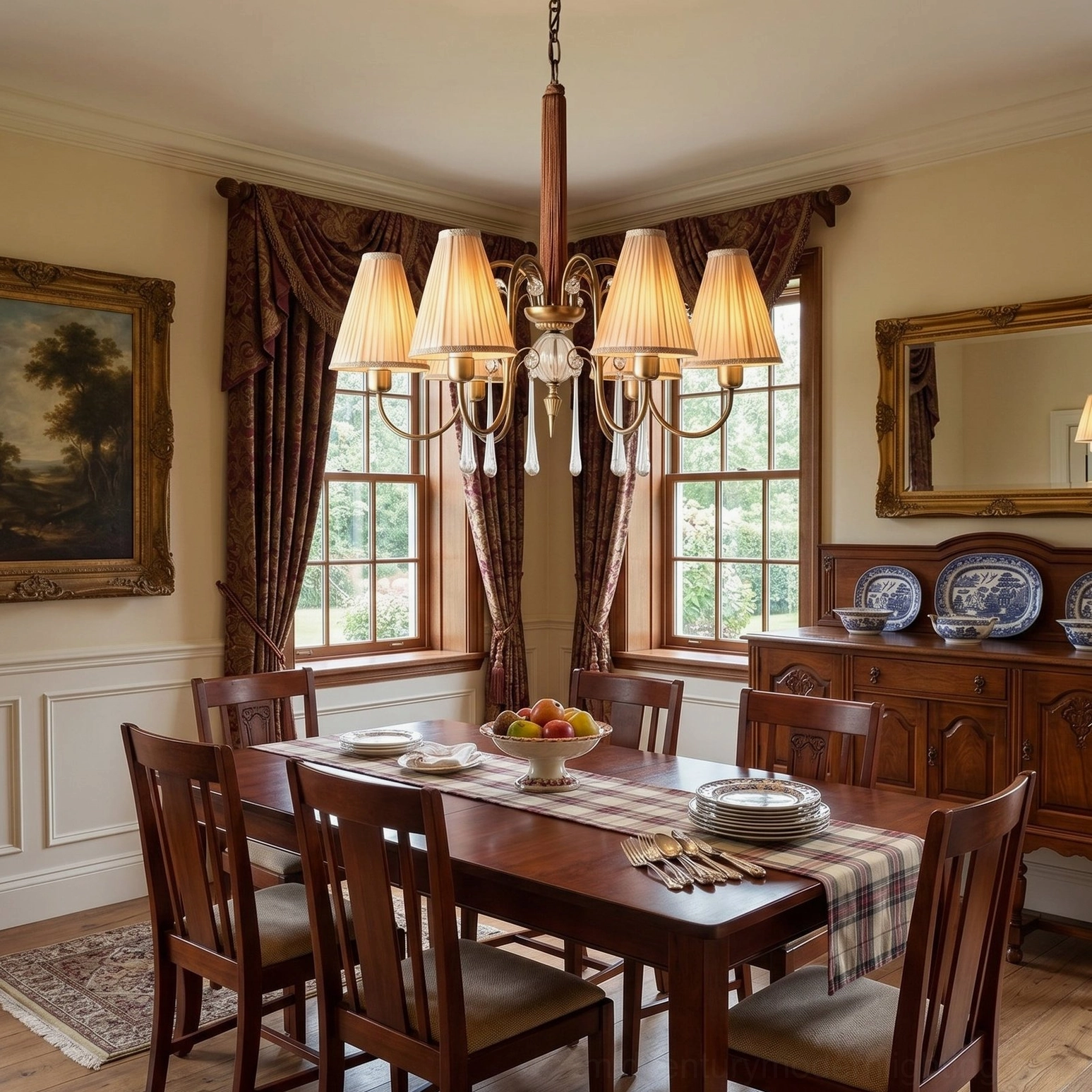 Chateaux Crystal Chandelier centered in dining room with large arched windows, natural light interior design setting