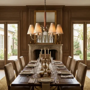 Chateaux Crystal Chandelier installed in formal dining room with wood-paneled walls and fireplace, warm traditional luxury interior
