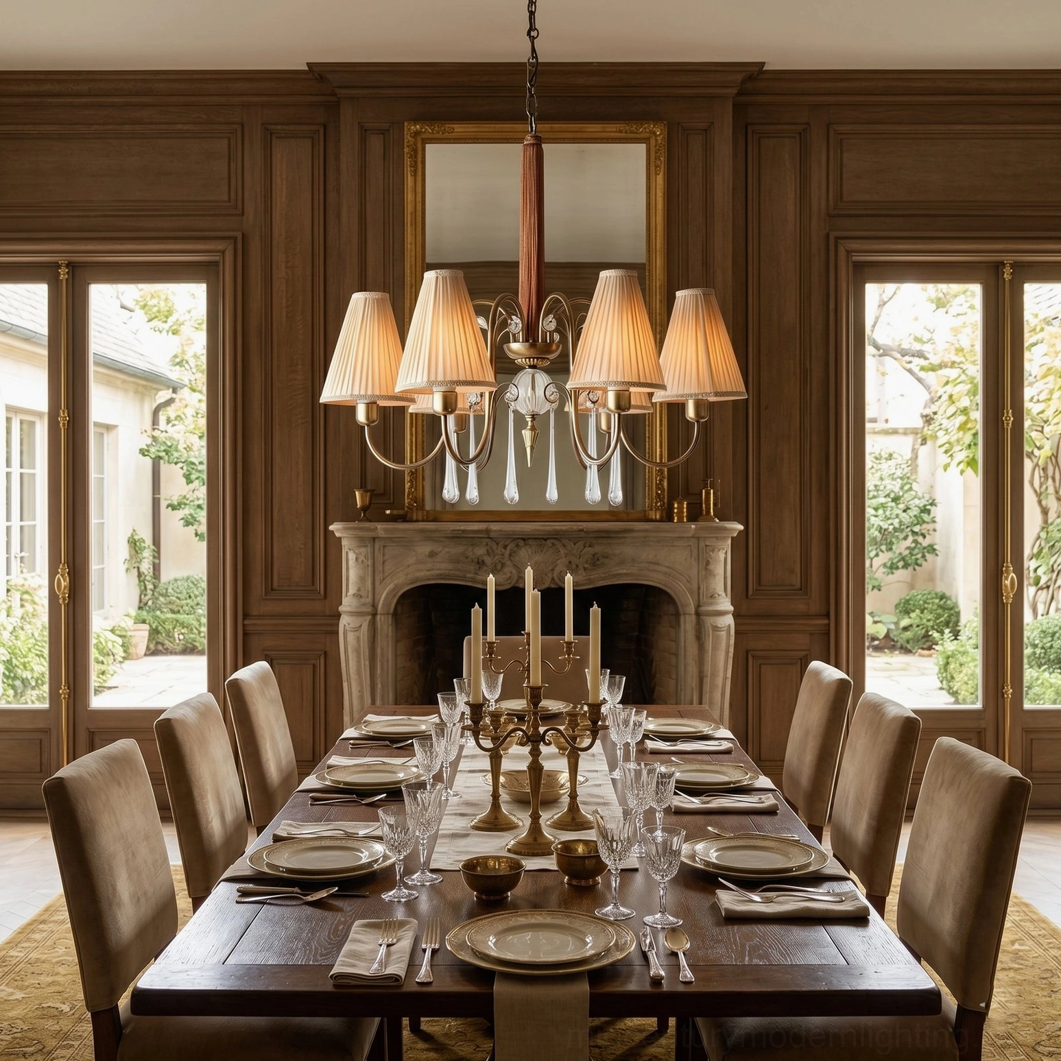 Chateaux Crystal Chandelier installed in formal dining room with wood-paneled walls and fireplace, warm traditional luxury interior