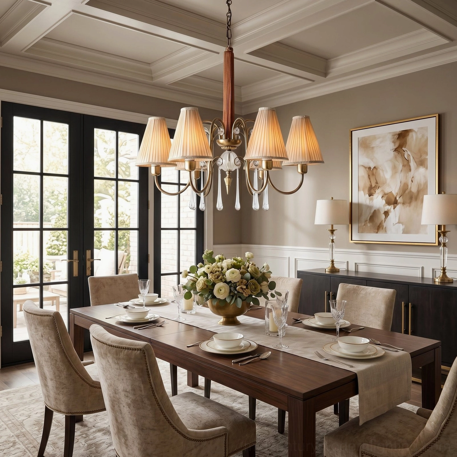 Chateaux Crystal Chandelier with fabric-wrapped shade details in bright formal dining room with french doors and elegant furnishings