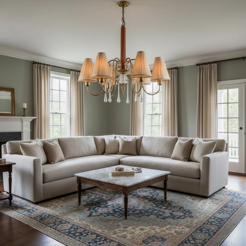 Chateaux Crystal Chandelier with beige fabric shades installed in modern casual living room, versatile traditional-contemporary setting