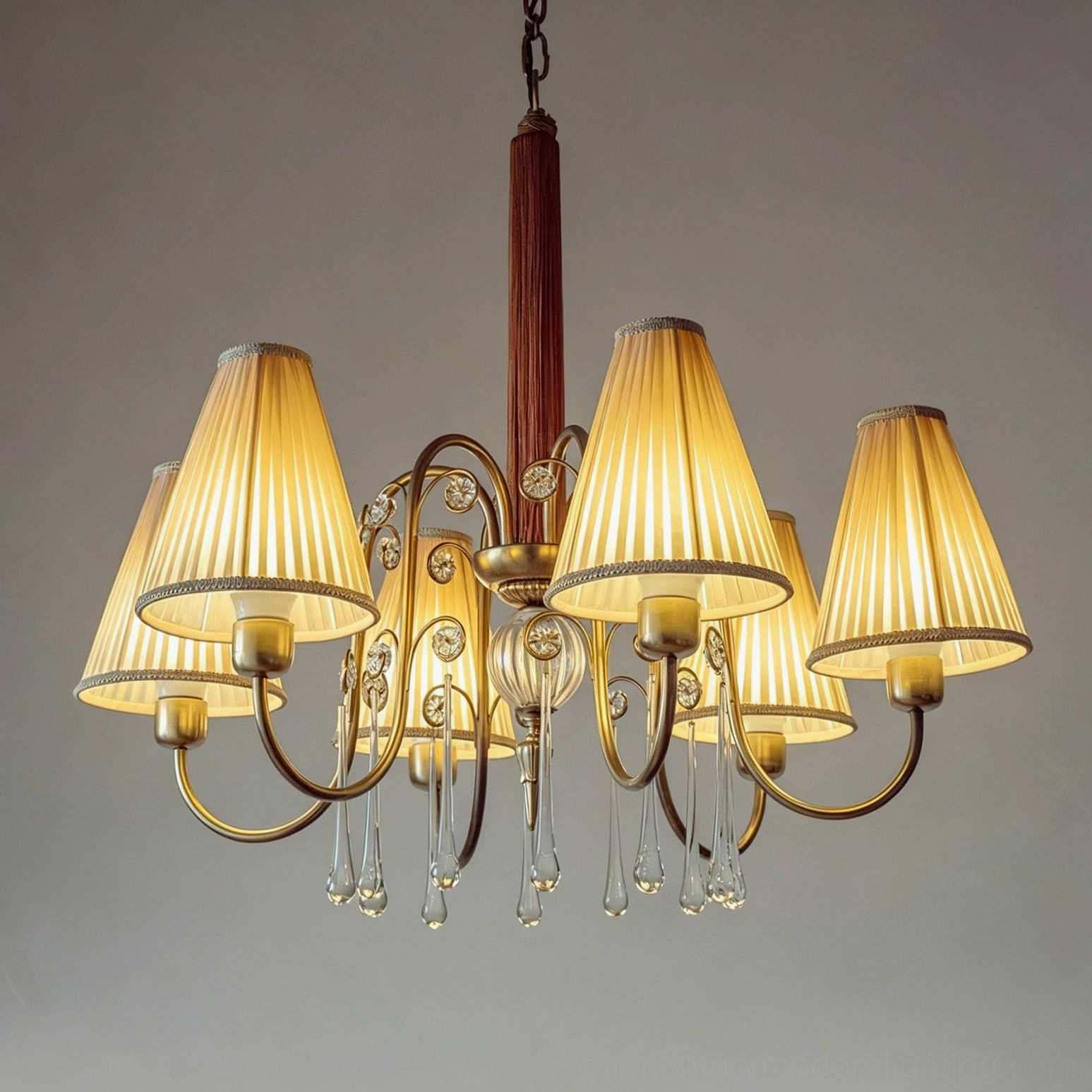 Chateaux Crystal Chandelier multi-light candelabra showing complete configuration of fabric shades and crystal elements from below