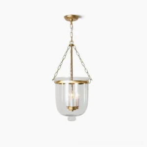 Chelsea brass glass pendant lamp with clear shade and three E14 bulb sockets, front studio view on white background