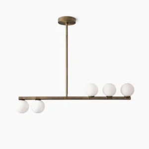 Chelso horizontal linear chandelier with five frosted glass globes and brushed antique brass frame, overhead studio view
