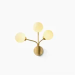 Chelso mid-century modern wall sconce with brass arms and frosted glass shades front view