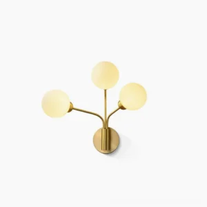 Chelso mid-century modern wall sconce with brass arms and frosted glass shades front view