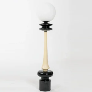 Chess floor lamp with polished layered decorative black base and frosted sphere diffuser