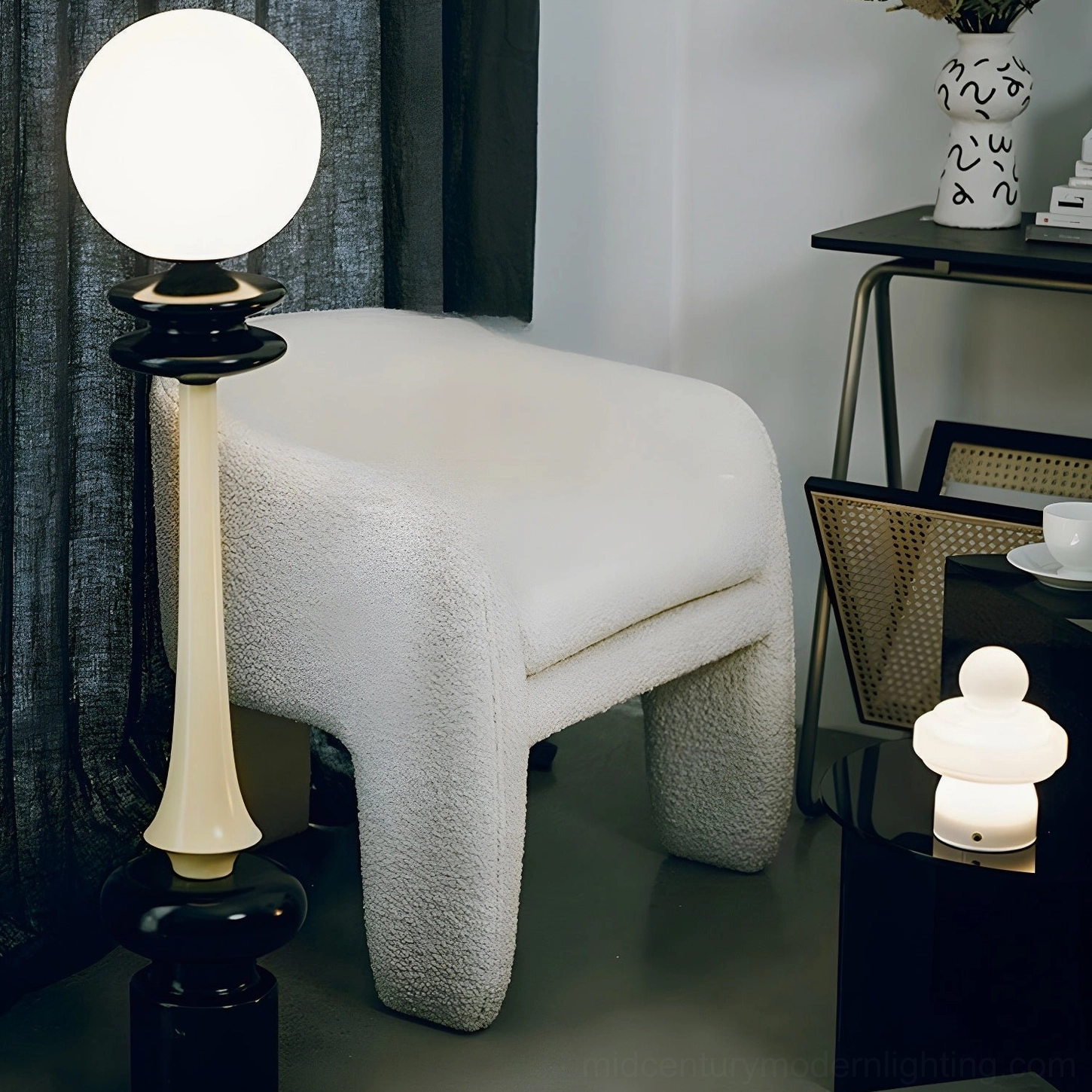 Chess floor lamp next to boucle ottoman in cozy modern home decor setting
