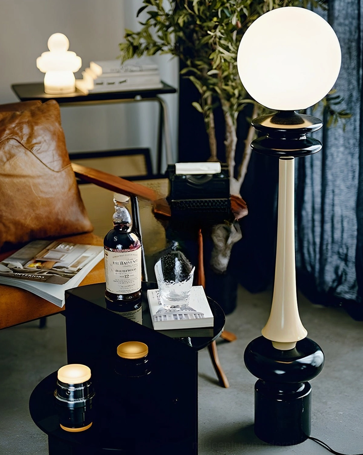 Chess floor lamp in modern luxury living room with dark leather furniture setting