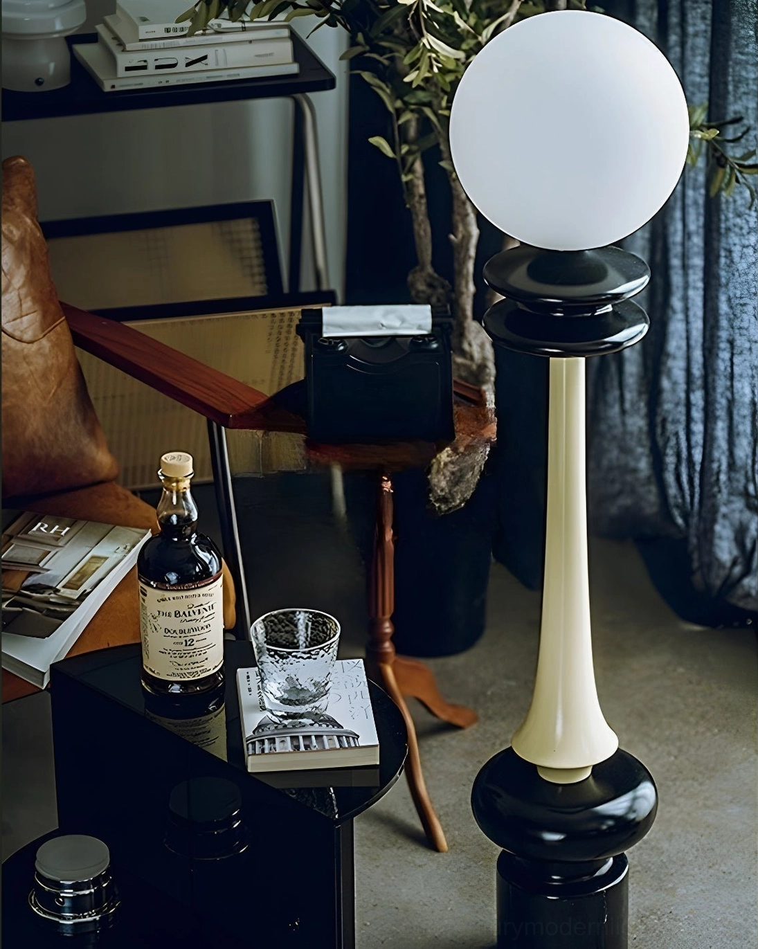 Chess floor lamp in luxury modern living room with leather sofa and architectural lighting