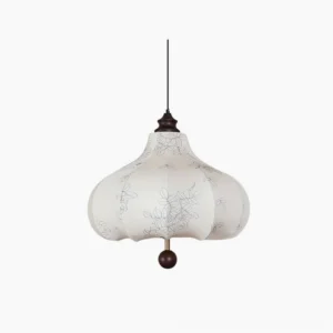 Chestnut scalloped fabric pendant lamp front view with rose line art prints and dark wood finial detail