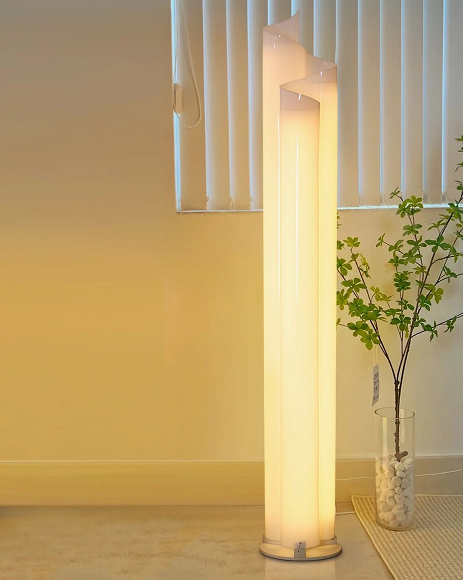 Chimera floor lamp illuminated corner display with window plant contemporary interior