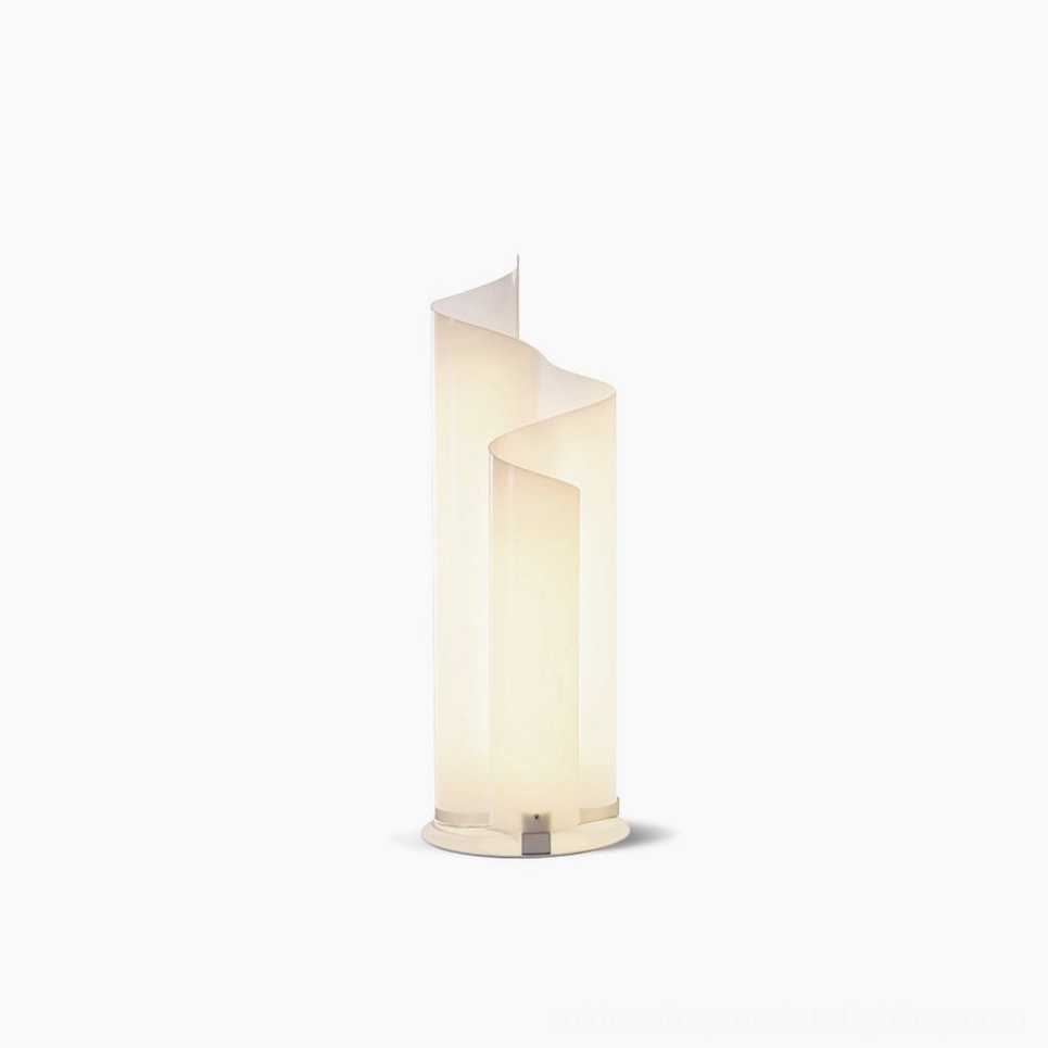 Chimera spiral acrylic table lamp front studio shot minimalist modern design with silver base white frosted shade