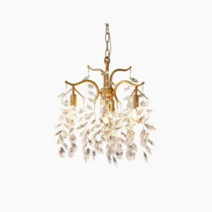 Chloe crystal leaf pendant chandelier with cascading clear glass leaf droplets on polished brass gold frame, front view on white background