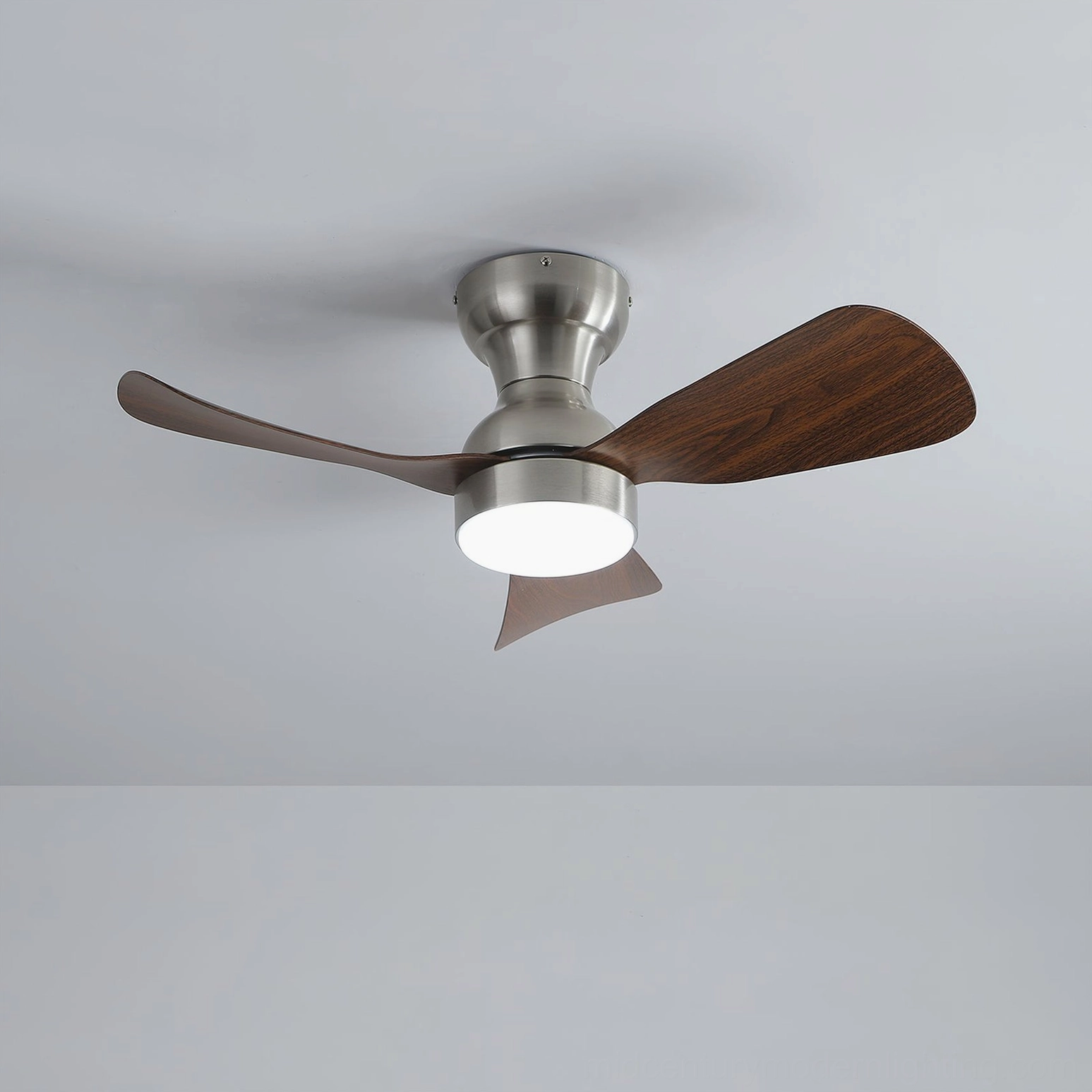 Chrome finish ceiling fan light with integrated LED and DC motor, polished contemporary design for modern interiors