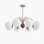 Mid-century modern chrome chandelier with frosted glass shades and wooden center sphere - front studio view