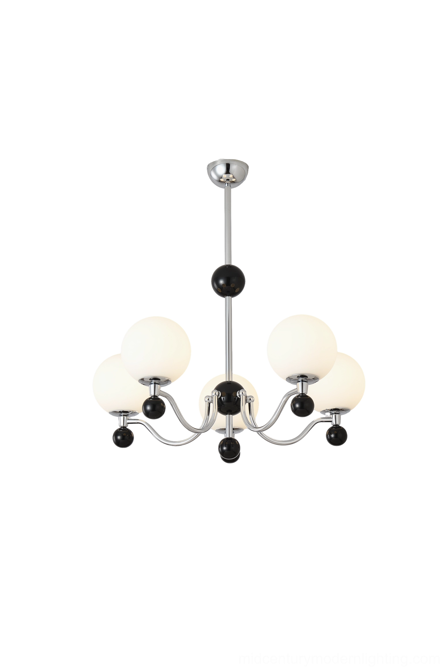 Modern chrome chandelier with frosted glass shades and black accents overhead view