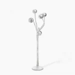 Chrome eyeball floor lamp with articulated swivel arms in polished silver finish, front studio view highlighting geometric spherical shades