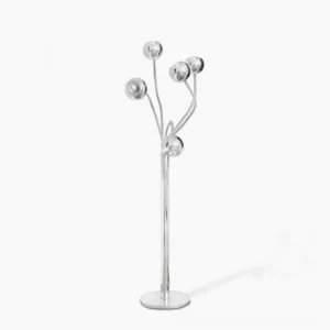 Chrome eyeball floor lamp with articulated swivel arms in polished silver finish, front studio view highlighting geometric spherical shades