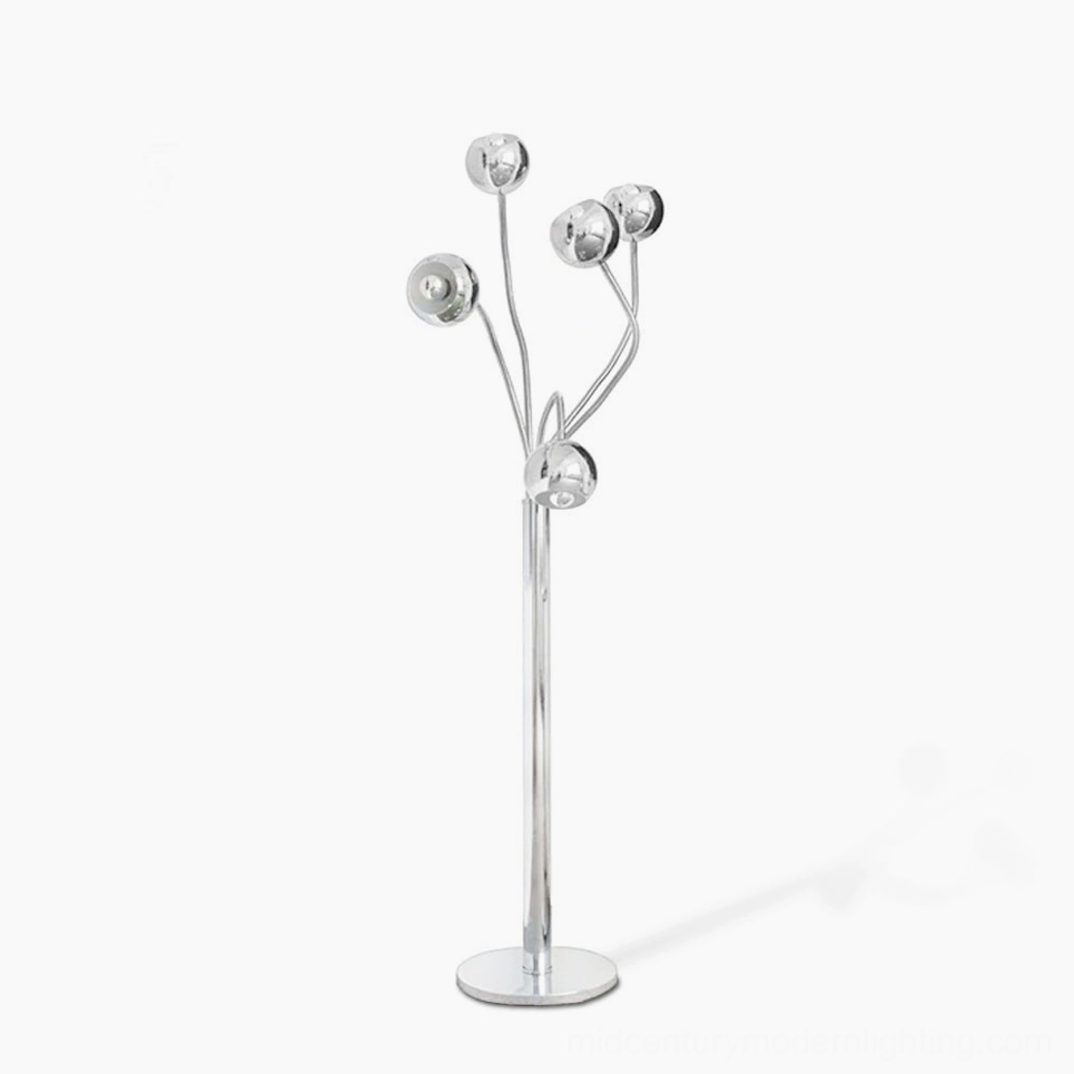 Chrome eyeball floor lamp with articulated swivel arms in polished silver finish, front studio view highlighting geometric spherical shades