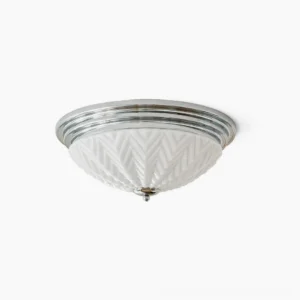 Chrome flush mount ceiling lamp with frosted chevron textured glass shade, polished metal trim, front top close-up studio view