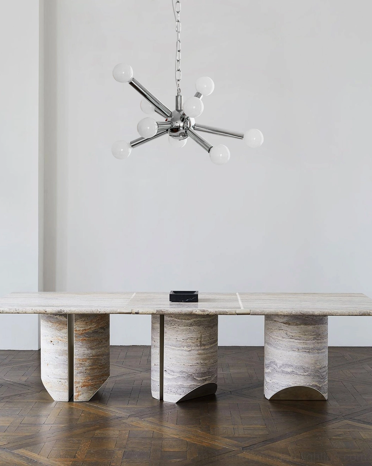 Chrome Sputnik atomic age chandelier, full frontal view, nine radial arms with white glass spheres, mid-century modern