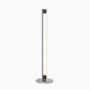 Minimalist chrome tube LED floor lamp frontal view with clean studio white background showing sleek vertical design
