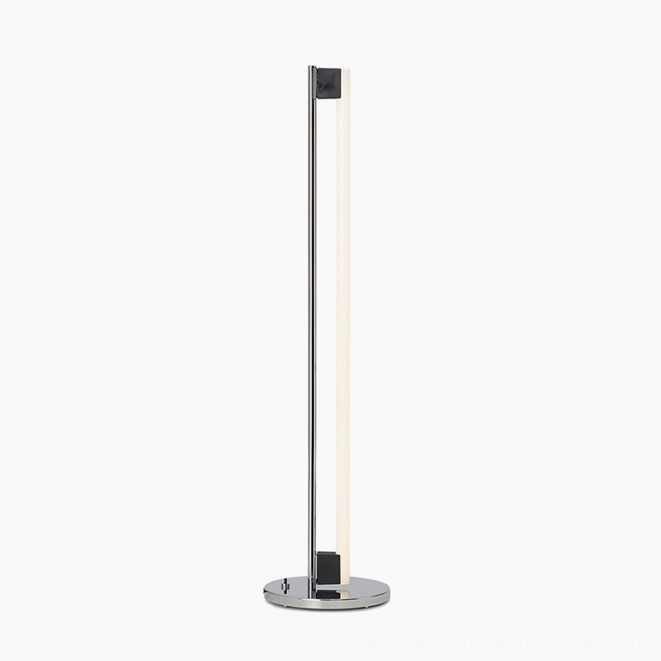 Minimalist chrome tube LED floor lamp frontal view with clean studio white background showing sleek vertical design