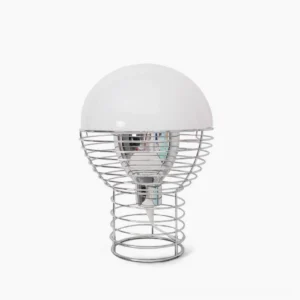 Minimalist wire cage table lamp with chrome spiral frame and white acrylic dome shade - front studio view