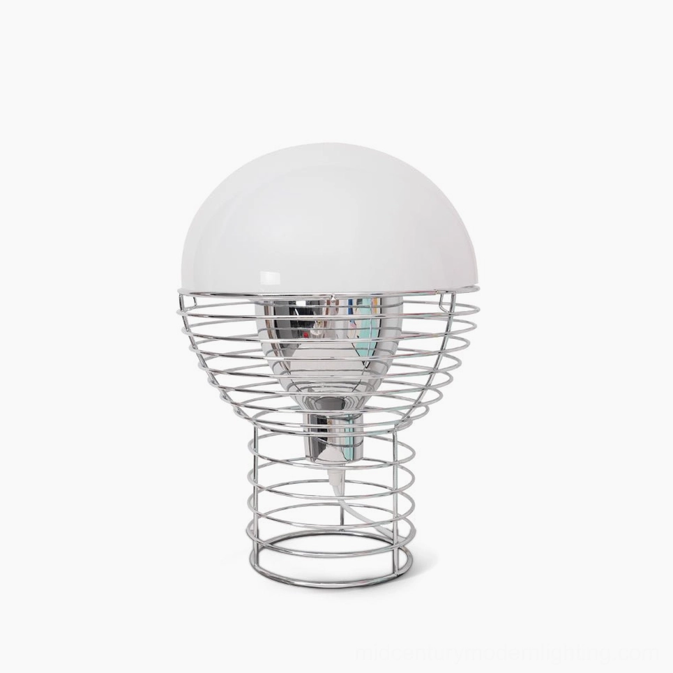 Minimalist wire cage table lamp with chrome spiral frame and white acrylic dome shade - front studio view