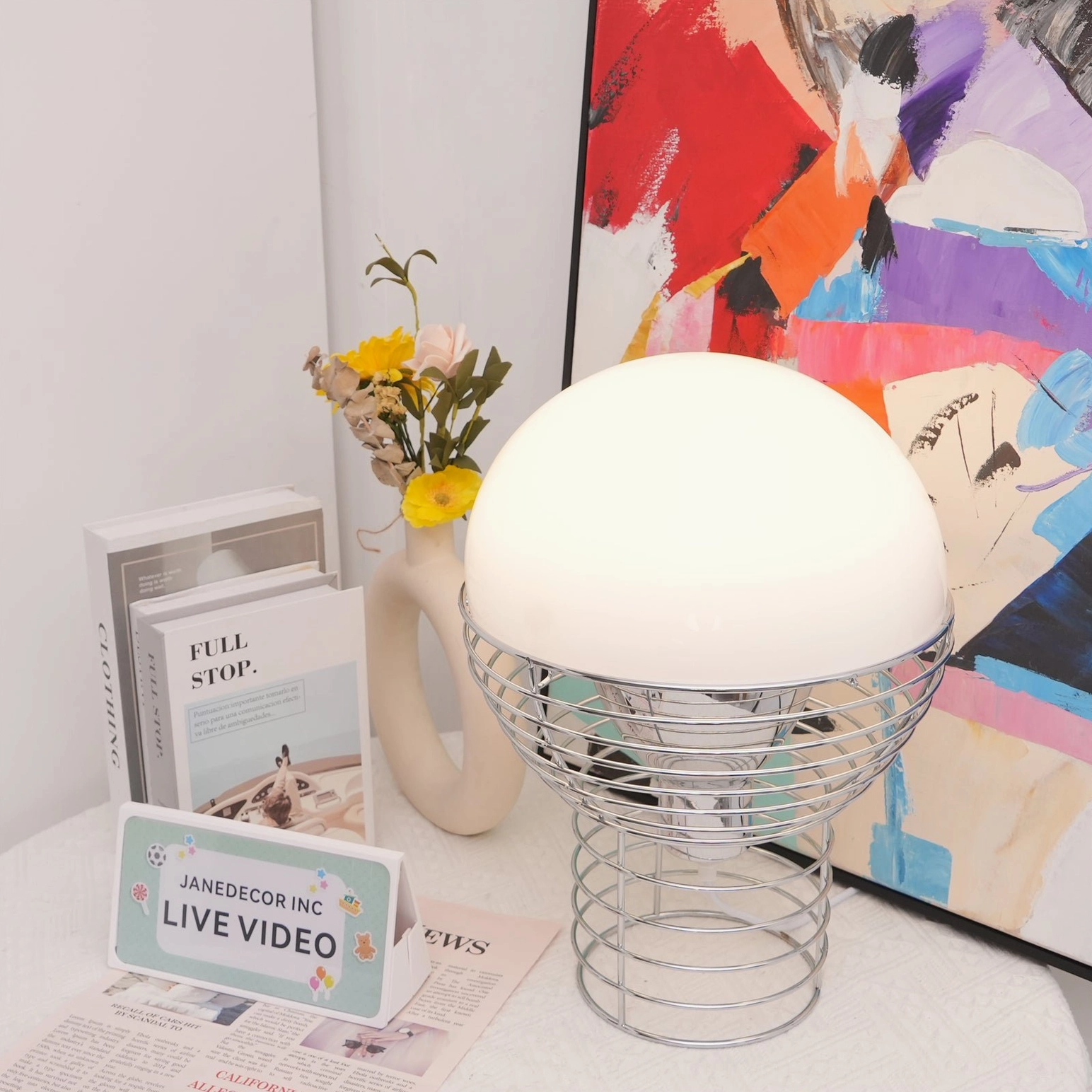 Mid-century modern wire cage lamp right side angle display with warm white dome shade