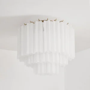 Close-up detail of Chrono Tubular Ceiling Lamp showing multi-layer fluted glass texture and brass ceiling mounting accents
