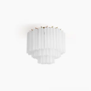 Chrono Tubular Ceiling Lamp front view - two-tier fluted white glass flush mount with brass hardware, overhead shot on white background