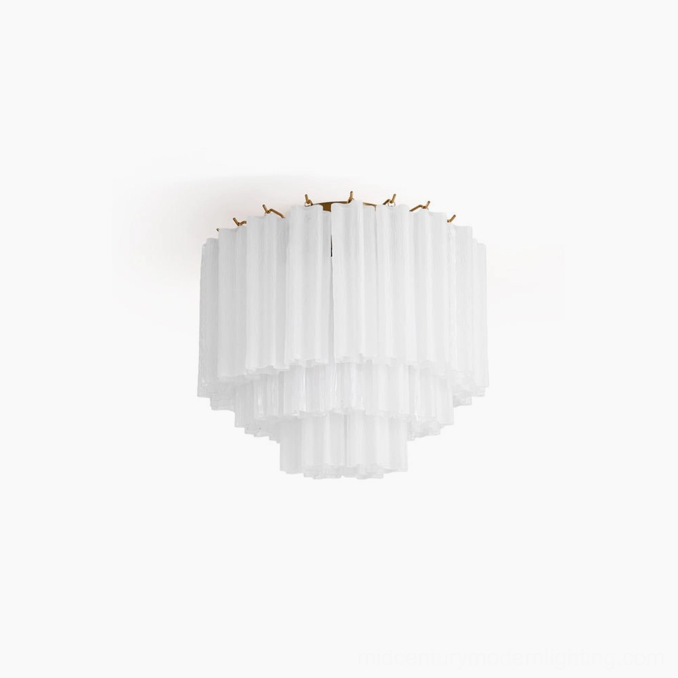Chrono Tubular Ceiling Lamp front view - two-tier fluted white glass flush mount with brass hardware, overhead shot on white background